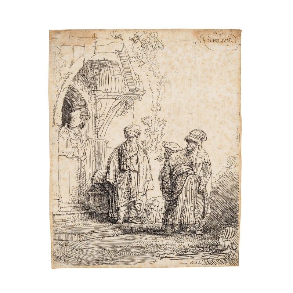 Rembrandt Harmensz van Rijn (Dutch, 1606-1669) Three Oriental Figures (Jacob and Laban?) Etching... (1 of 2)
