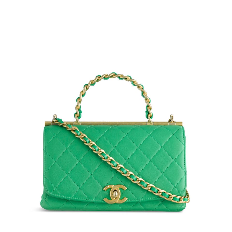 Chanel: a Green Small La Parisienne Flap 2019 (includes serial sticker, authenticity card and du...: Chanel: a Green Small La Parisienne Flap 2019 Quilted leather with top handle and brushed gold tone hardware Condition Grade B 20cm wide, 15cm high, 9cm deep, 7cm handle drop, 57cm shoulder drop, incl