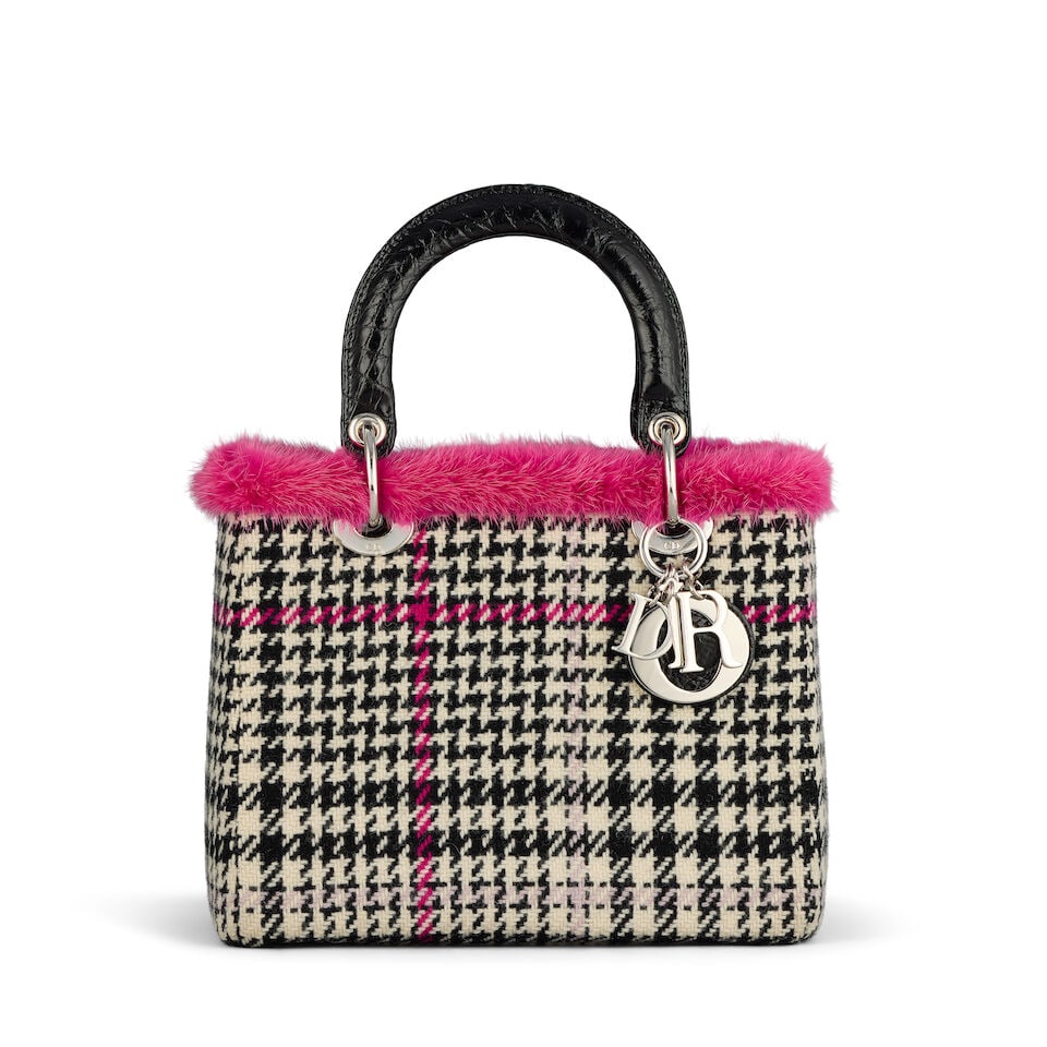 Christian Dior: a Tweed and Mink Fur Medium Lady Dior Autumn 2013 (includes shoulder strap): Christian Dior: a Tweed and Mink Fur Medium Lady Dior Autumn 2013 Creative Director: Raf Simons Black and cream houndstooth tweed with pink accents, pink mink fur trim and shiny black crocodile top ha