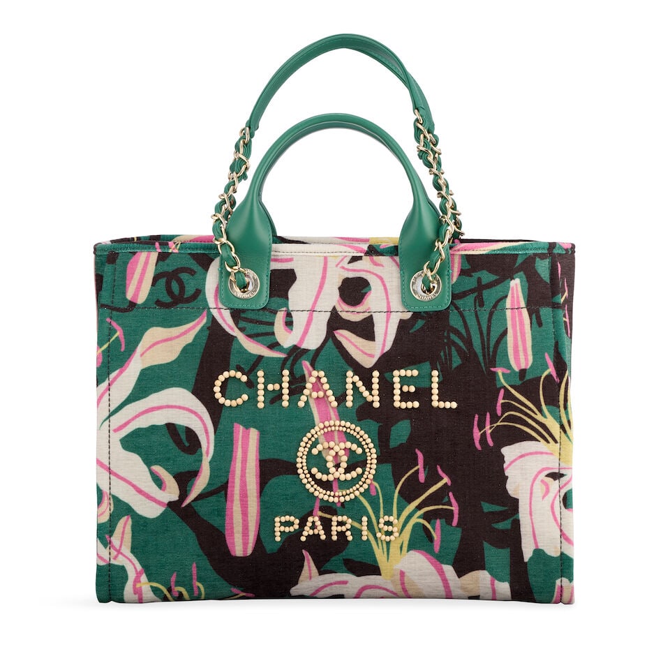 Chanel: a Green Multicolour Velvet Beaded Medium Deauville Tote 2023 (includes microchip, dust b...: Chanel: a Green Multicolour Velvet Beaded Medium Deauville Tote 2023 Creative Director: Virginie Viard Velvet towelling in shades of green, pink and cream, with wooden bead design to the front, pale g
