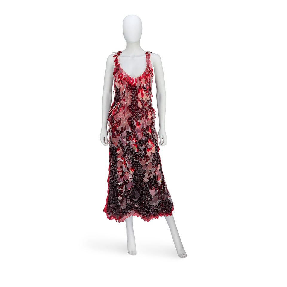 Paco Rabanne: a Deep Red Paillette Cocktail Dress Autumn/Winter 2020 (includes original tag): Paco Rabanne: a Deep Red Paillette Cocktail Dress Autumn/Winter 2020 Creative Director: Julien Dossena Red plastic discs hung on clear PVC netting with silver metal loops, V neck and ankle length Cond