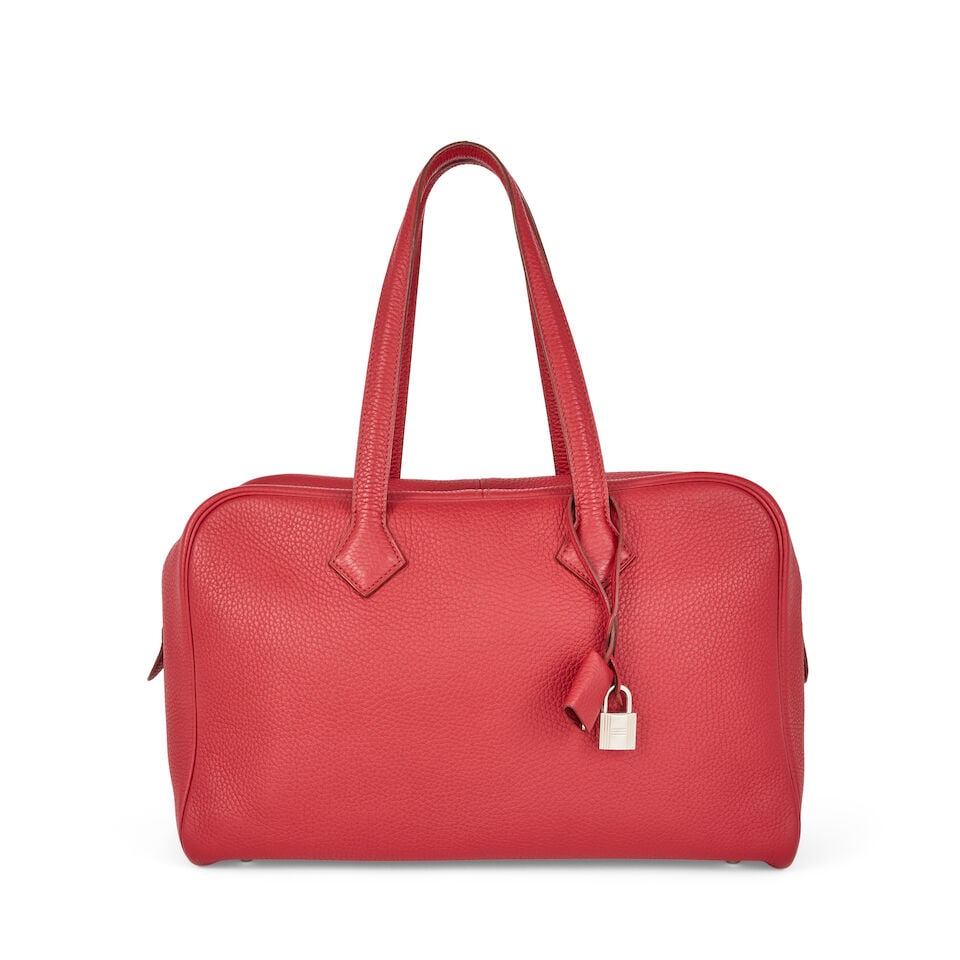 Hermès: a Rouge H Clemence Leather Victoria 36 2013 (includes padlock, keys, cloche, leathe...: Hermès: a Rouge H Clemence Leather Victoria 36 2013 Palladium hardware Condition Grade A- 36cm wide, 22cm high, 17cm deep, includes padlock, keys, cloche, leather booklet and dust bag For further