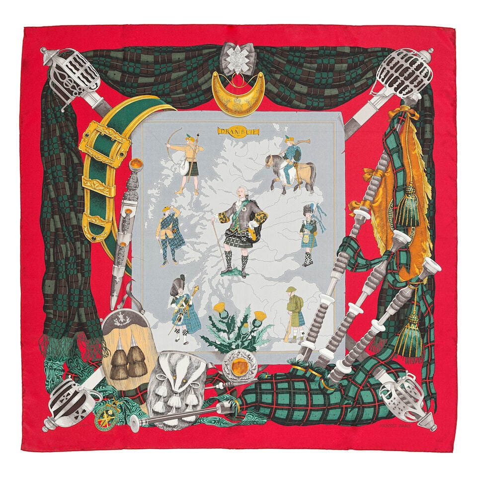 Hermès: a Drambuie Silk 90 Scarf Limited Edition 2010 (includes booklet and box): Hermès: a Drambuie Silk 90 Scarf Limited Edition 2010 Designed by Philippe Ledoux Dark red and grey ground, with green tartan border and images of Scottish history Condition Grade A 90cm x 90cm, 