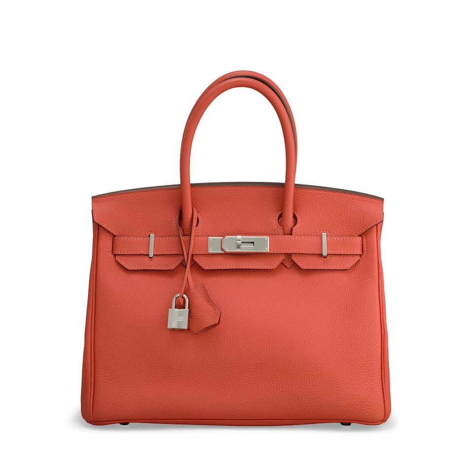 Hermès: a Rouge Pivoine Togo Leather Birkin 30 2014 (includes padlock, keys, cloche, bookl...: Hermès: a Rouge Pivoine Togo Leather Birkin 30 2014 Palladium hardware Condition Grade A- 30cm wide, 23cm high, 15cm deep, 11cm handle drop, includes padlock, keys, cloche, booklet, rain jacket a
