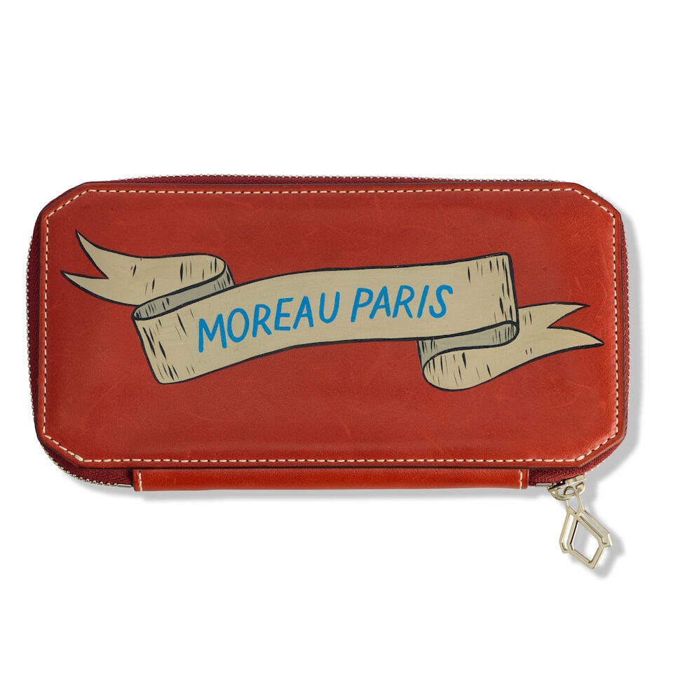 Moreau: a Burgundy Painted Leather Long Zip Wallet: Moreau: a Burgundy Painted Leather Long Zip Wallet Smooth red vegetable tanned leather hand painted with ribbon design, white stitching and silver hardware Condition Grade B- 19cm wide, 10cm high Lot 