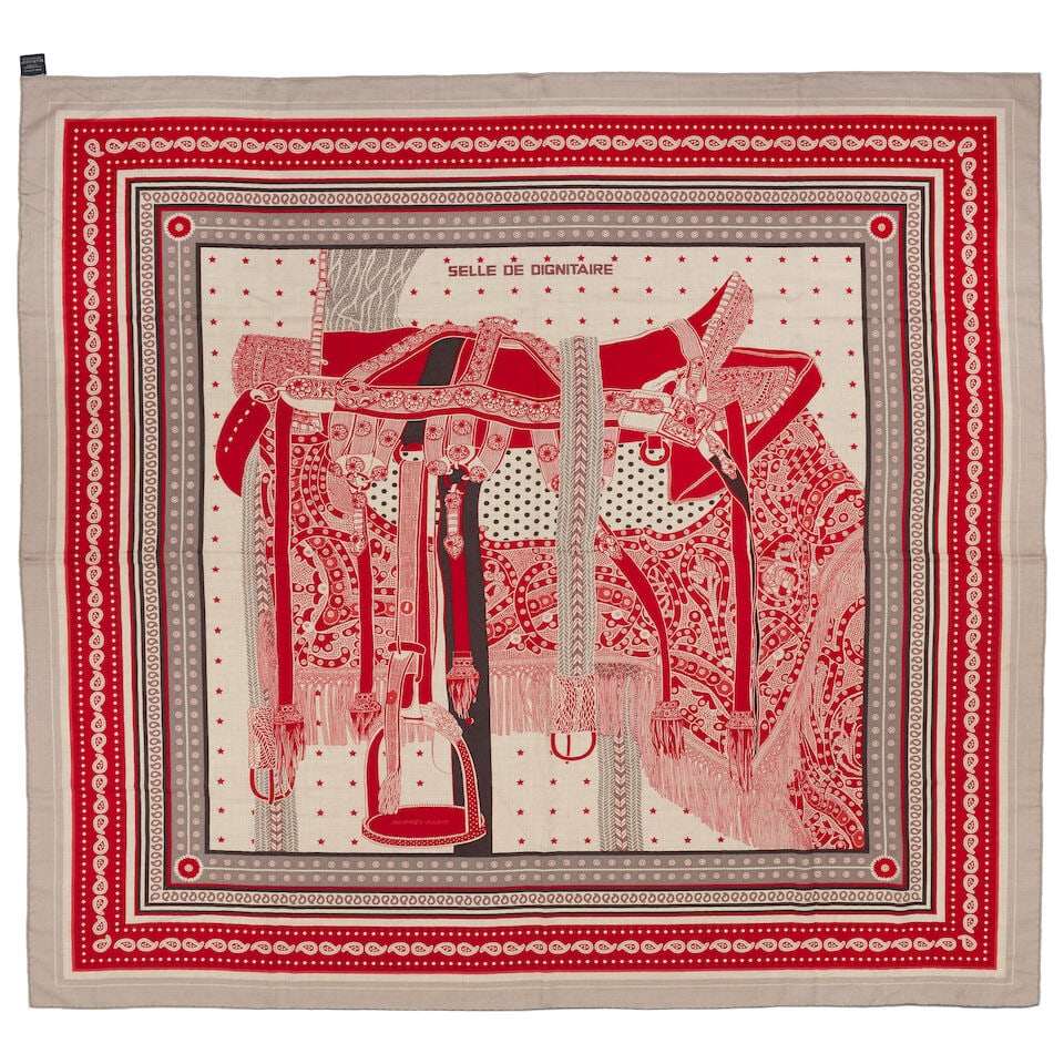Hermès: a Selle de Dignitaire Cashmere and Silk 140 Scarf: Hermès: a Selle de Dignitaire Cashmere and Silk 140 Scarf Designed by Wlodek Kaminski In ecru and red, sale stamp Condition Grade A- 140cm x 140cm Footnotes: Wlodek Kaminski based the design of S