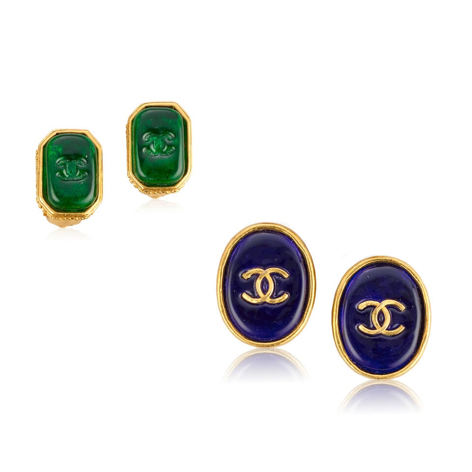 Chanel: Two Pairs of Gripoix Ear Clips Autumn 1993: Chanel: Two Pairs of Gripoix Ear Clips Autumn 1993 Creative Director: Karl Lagerfeld To include a pair with square green gripoix and moulded CC detail, 2cm high, and a pair of oval blue gripoix with g