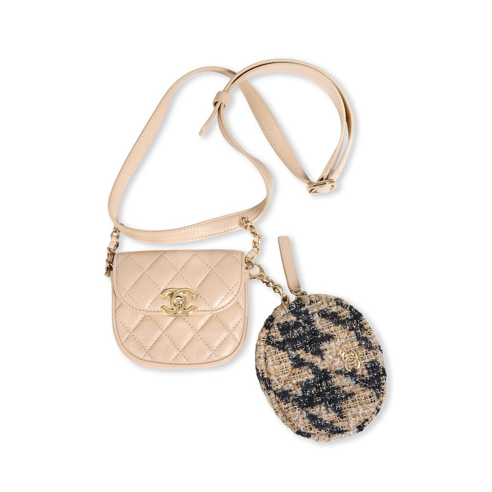 Chanel: a Beige Lambskin Belt Bag and Coin Purse 2019-20 (includes serial sticker, authenticity ...: Chanel: a Beige Lambskin Belt Bag and Coin Purse 2019-20 Beige quilted lambskin belt bag with beige and black fantasy tweed zipped coin purse attachment, both with gold tone hardware Condition Grade A