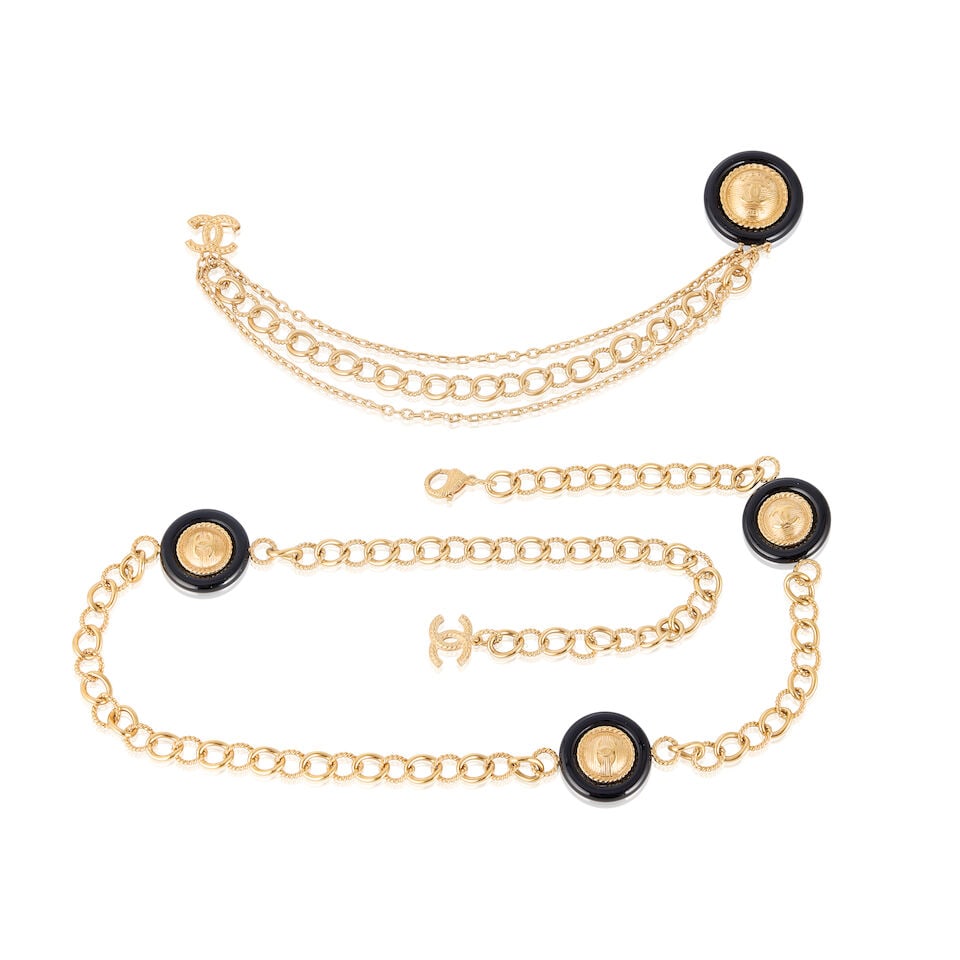 Chanel: a Black Resin and Gilt Chain Belt and Brooch Set Paris-Hamburg Métiers d'Art Collec... (1 of 1)