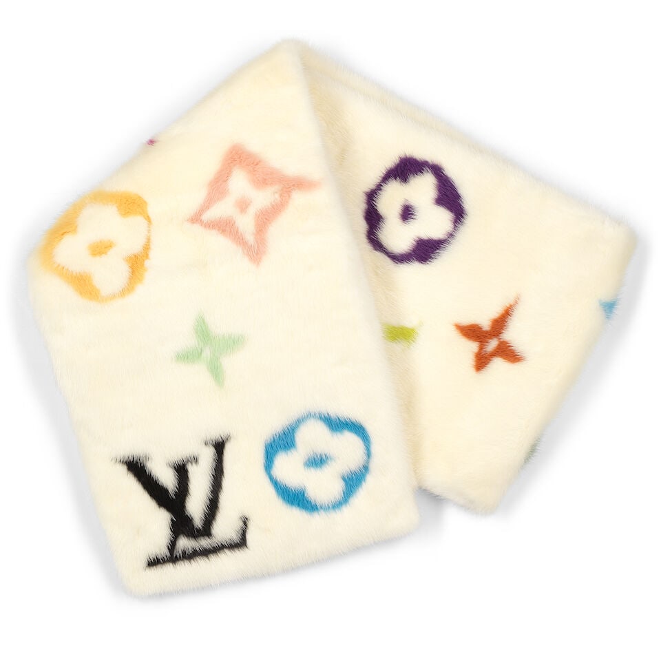 Louis Vuitton x Takashi Murakami: a White Mink Multicolour Monogram Stole (includes protective f...: Louis Vuitton x Takashi Murakami: a White Mink Multicolour Monogram Stole Creative Director: Marc Jacobs White mink rectangular stole with multicolour monogram design, silk backed Condition Grade A 28
