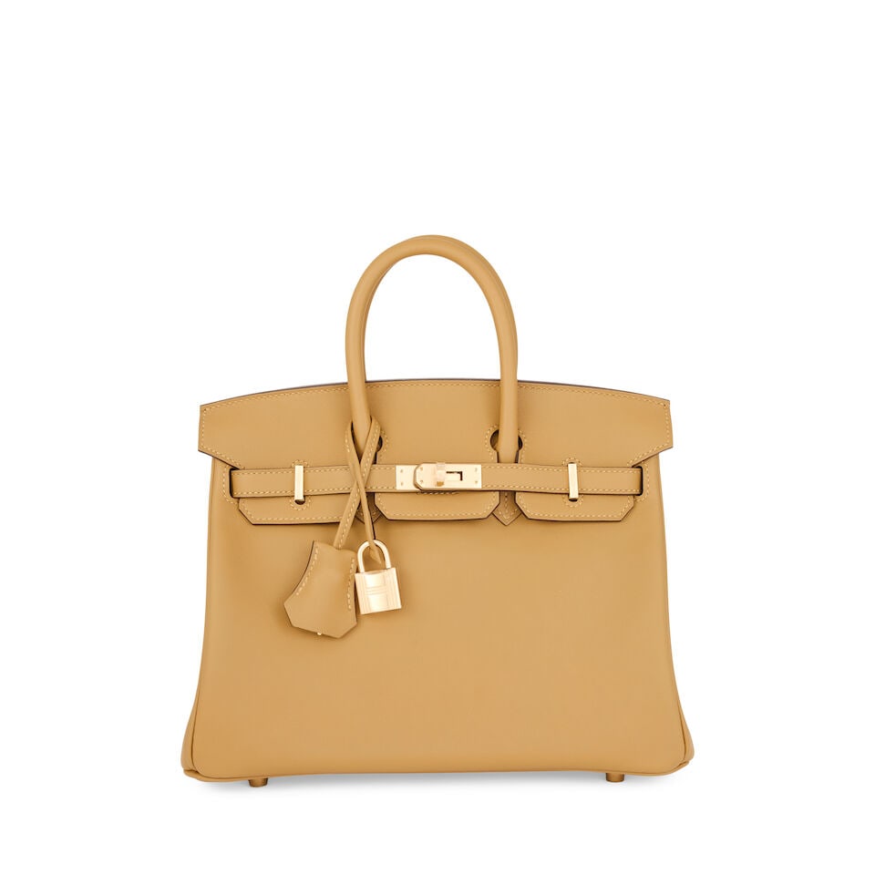 Hermès: a Dune Swift Leather Birkin 25 2026 (includes padlock, keys, cloche, felt protector...: Hermès: a Dune Swift Leather Birkin 25 2026 Permabrass hardware Condition Grade A+ 25cm wide, 20cm high, 13cm deep, 10cm handle drop, includes padlock, keys, cloche, felt protector, copy of recei