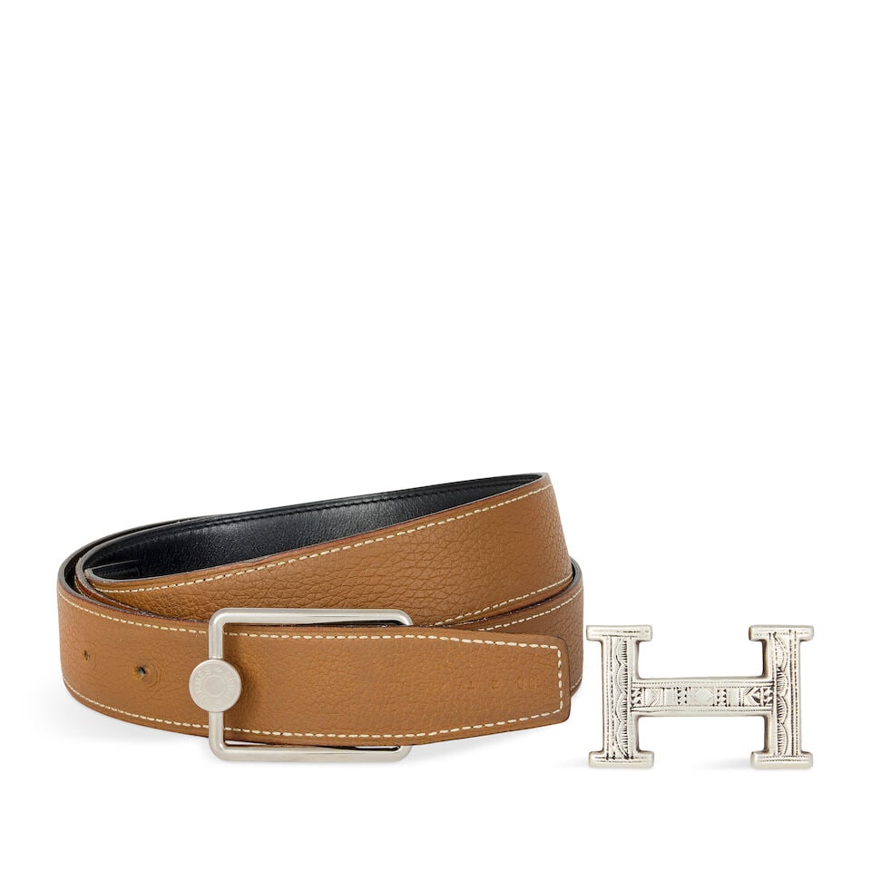 Hermès: a Sterling Silver Touareg H Belt Buckle, an Oscar Buckle, and a Leather Belt (1 of 1)