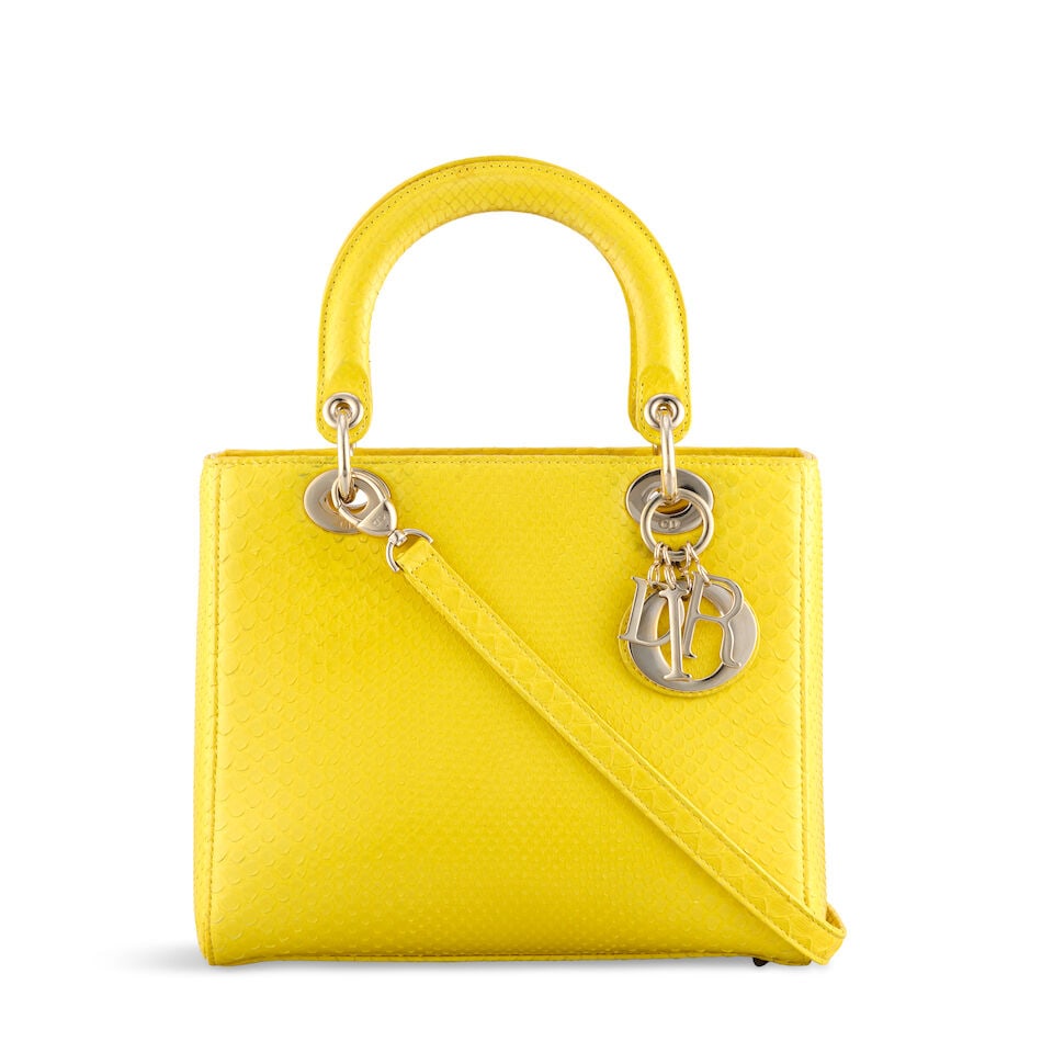 Christian Dior: a Yellow Python Medium Lady Dior 2013 (includes authenticity card, shoulder stra... (1 of 2)
