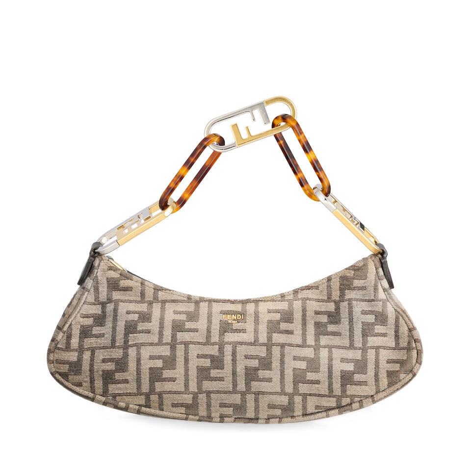 Fendi: a Jacquard O'Lock Swing Bag 2022: Fendi: a Jacquard O'Lock Swing Bag 2022 Two-tone grey jacquard FF fabric with grey leather trim and shoulder strap, and with gold, silver and tortoiseshell effect chain shorter shoulder strap Conditio