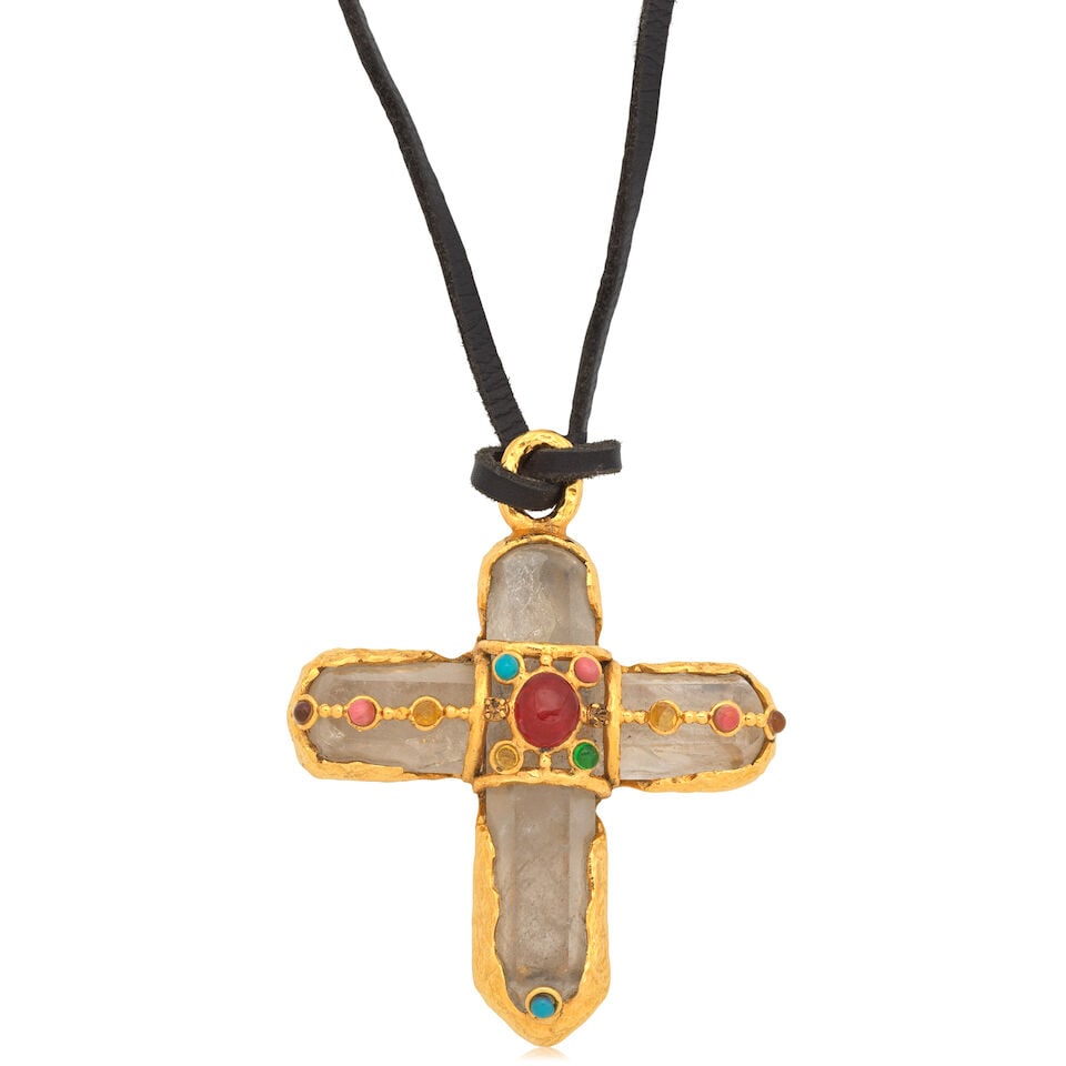 Robert Goossens for Chanel: a Rare Rock Crystal and Gripoix Cross Necklace Autumn 1993 (includes...: Robert Goossens for Chanel: a Rare Rock Crystal and Gripoix Cross Necklace Autumn 1993 Creative Director: Karl Lagerfeld Faceted clear quartz crystal cross set in gilt frame, and decorated with multic