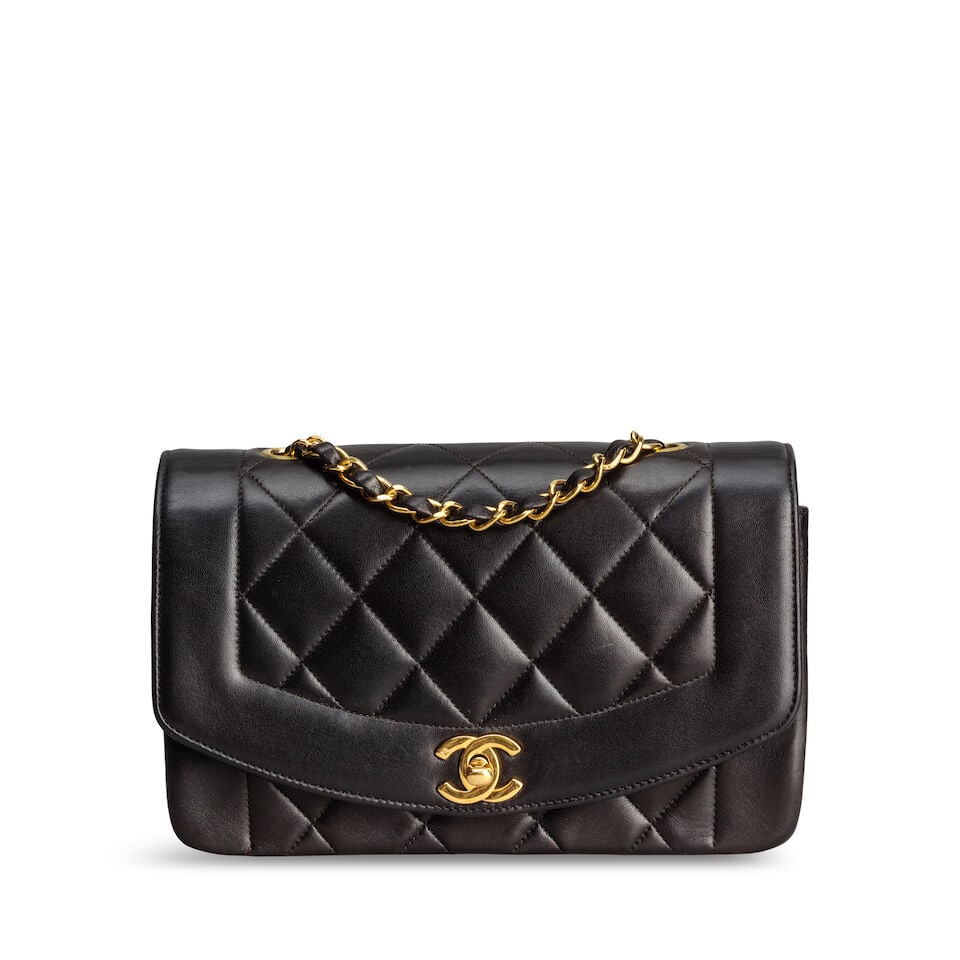 Chanel: a Black Lambskin Small Diana Flap Bag 1996-97 (includes serial sticker, authenticity car...: Chanel: a Black Lambskin Small Diana Flap Bag 1996-97 Creative Director: Karl Lagerfeld Gold tone hardware Condition Grade B+ 22cm wide, 14.5cm high, 7cm deep, 52cm shoulder drop, includes serial stic