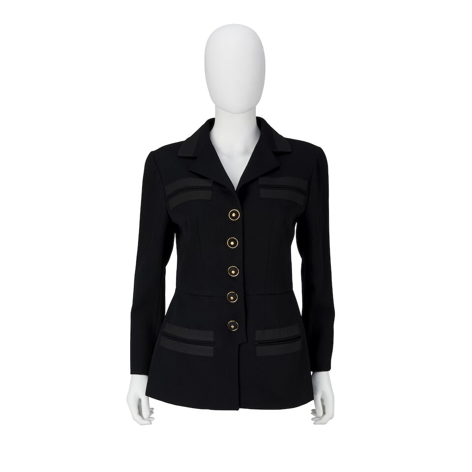Chanel: a Black Wool Blazer Collection 26, Autumn/Winter 1991: Chanel: a Black Wool Blazer Collection 26, Autumn/Winter 1991 Creative Director: Karl Lagerfeld Black wool blazer flaring from the waist, with grosgrain trim around the four slip pockets and collar, b
