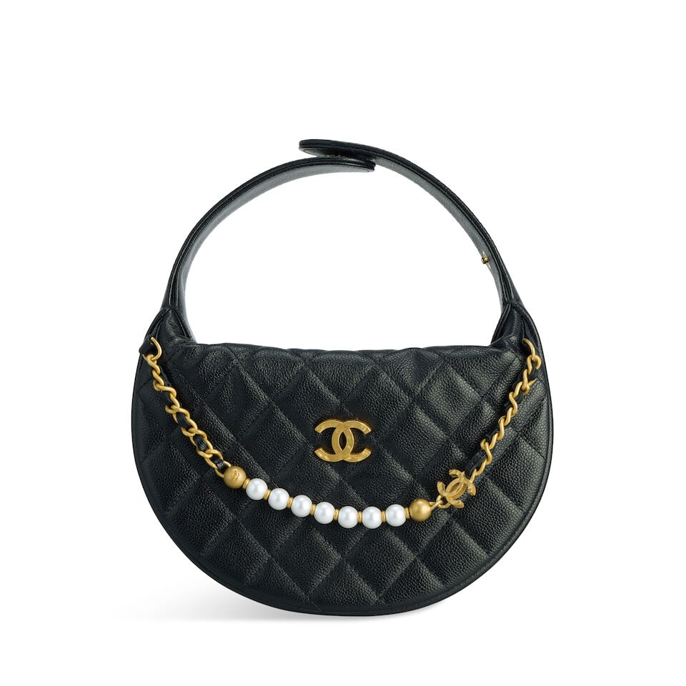Chanel: a Black Caviar Leather Pearl Chain Mini Bag Spring 2025 (includes microchip, dust bag an...: Chanel: a Black Caviar Leather Pearl Chain Mini Bag Spring 2025 Demi-lune form quilted caviar leather bag with matte gold tone hardware, with single chain and simulated pearl detail, adjustable strap 