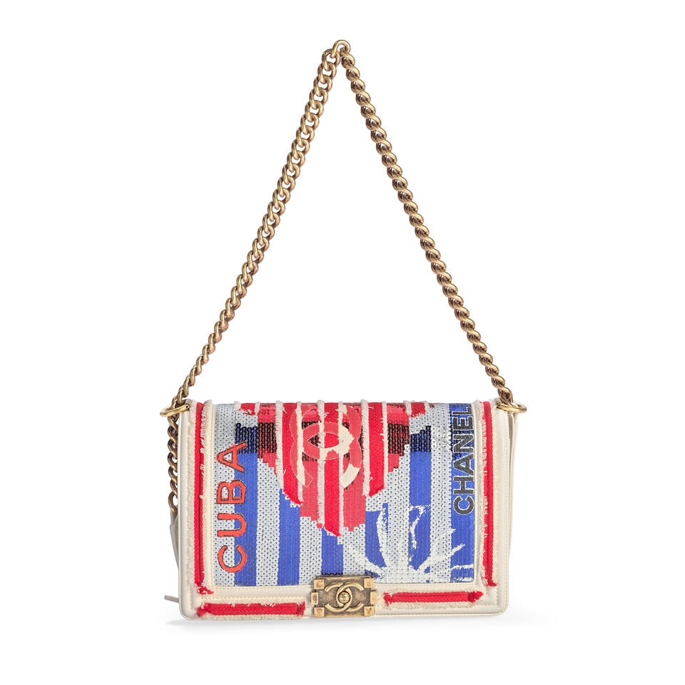 Chanel: a Red, Blue and Silver Sequin Paris-Cuba Boy Bag Paris-Cuba Collection, Cruise 2017 (inc...: Chanel: a Red, Blue and Silver Sequin Paris-Cuba Boy Bag Paris-Cuba Collection, Cruise 2017 Creative Director: Karl Lagerfeld White lambskin with sequin Cuban flag design and frayed ribbon detailing a