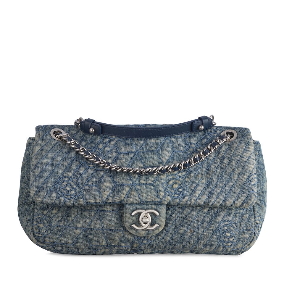 Chanel: an Embroidered Blue Denim Camellia Single Flap Bag 2012 (includes serial sticker and au...: Chanel: an Embroidered Blue Denim Camellia Single Flap Bag 2012 Creative Director: Karl Lagerfeld Distressed denim embroidered with geometric design and camellias, silver tone hardware Condition Grade