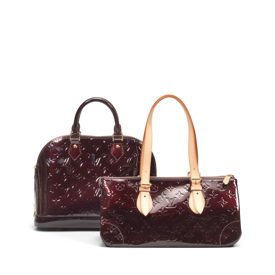 Louis Vuitton: Two Amarante Vernis Bags: Louis Vuitton: Two Amarante Vernis Bags Creative Director: Marc Jacobs To include an Alma PM, 2013, 31cm wide, 24cm high, includes padlock, keys, cloche, dust bag, and copy of receipt, and a Rosewood 
