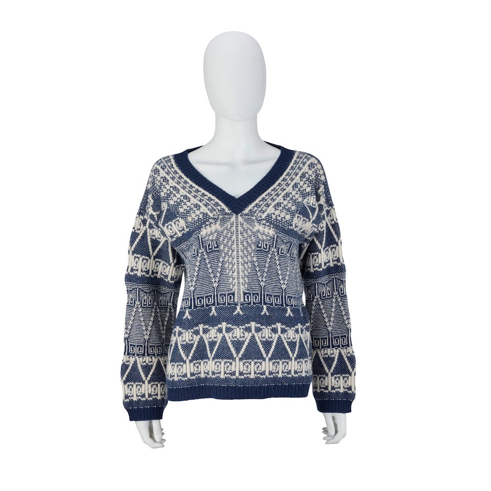 Chanel: a Blue and White Cashmere Jumper Cruise 2014, Runway Look 19: Chanel: a Blue and White Cashmere Jumper Cruise 2014, Runway Look 19 Creative Director: Karl Lagerfeld Knitted cashmere V-neck jumper Condition Grade B Labelled size 38 Footnotes: Chanel Cruise 2014,
