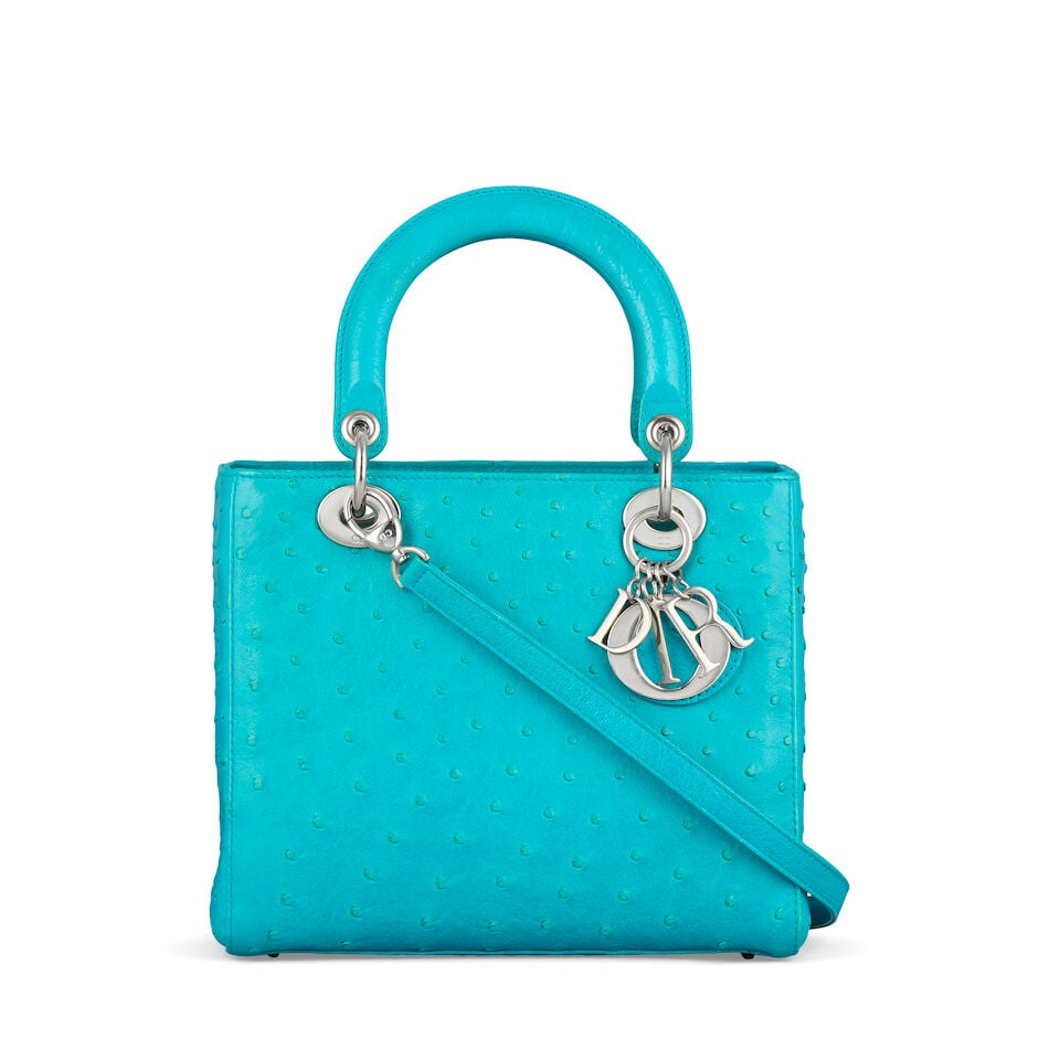 Christian Dior: a Blue Ostrich Medium Lady Dior 2012: Christian Dior: a Blue Ostrich Medium Lady Dior 2012 Silver tone hardware Condition Grade B- 24cm wide, 20cm high, 12cm deep, 10cm handle drop, 43cm shoulder drop, For further information on this lot 