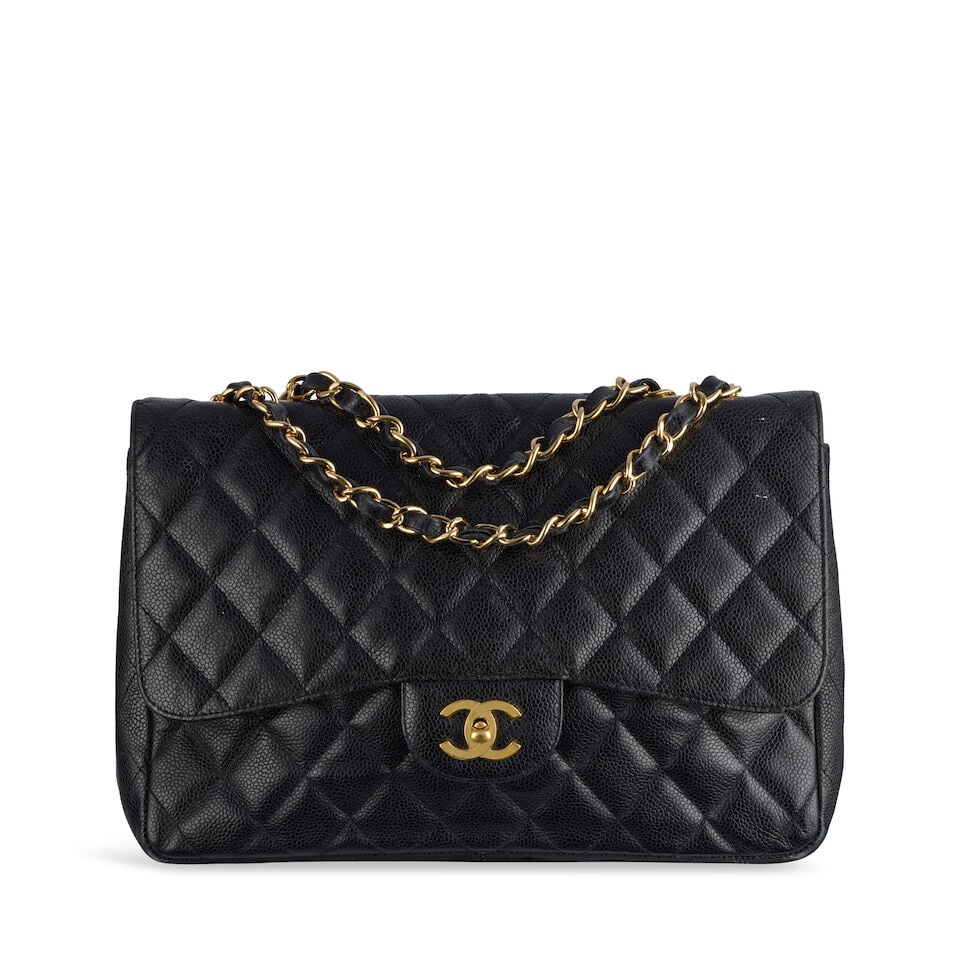 Chanel: a Black Caviar Leather Jumbo Single Flap Bag 2008-09 (includes serial sticker and authen... (1 of 2)