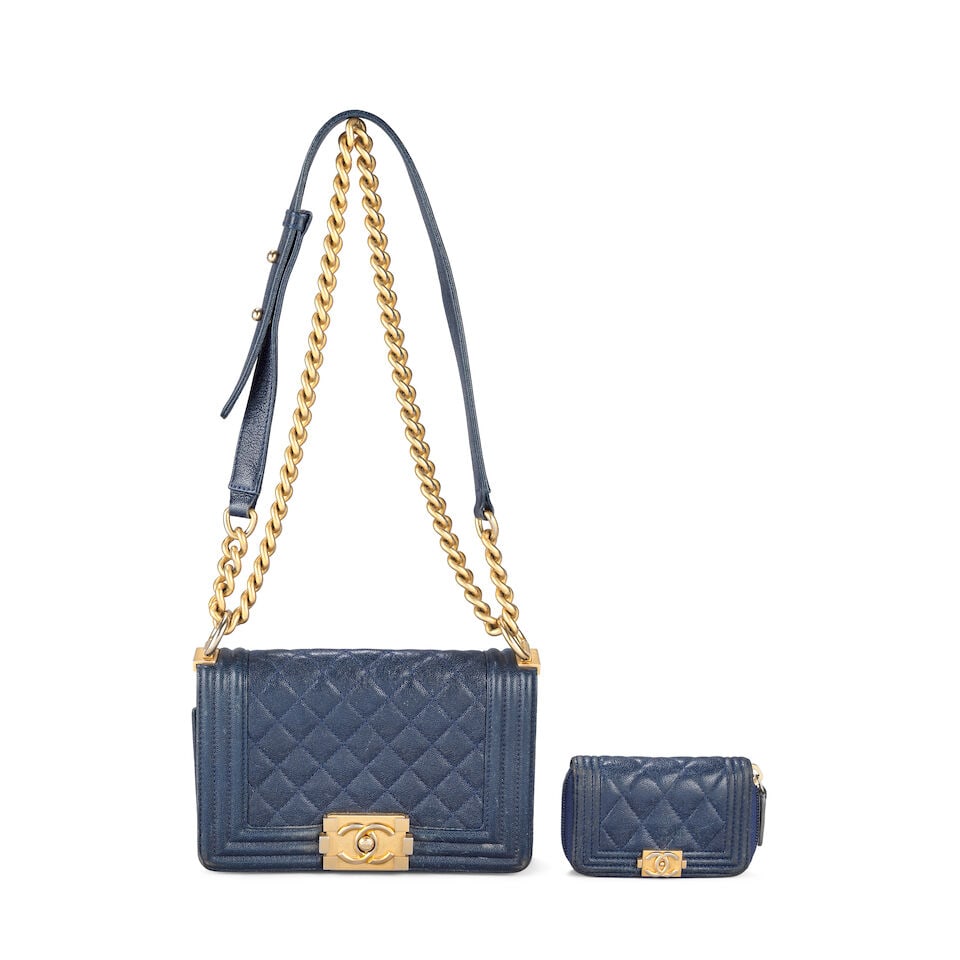 Chanel: a Navy Caviar Leather Small Boy Bag and Wallet 2018 (includes serial stickers, authentic...: Chanel: a Navy Caviar Leather Small Boy Bag and Wallet 2018 Creative Director: Karl Lagerfeld Quilted caviar leather with antique gold tone hardware, with a matching O Coin purse (2) Condition Grade C