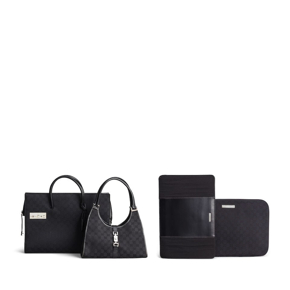 Gucci: a Group of Four Black Bags Late 1990s/early 2000s (includes dust bags): Gucci: a Group of Four Black Bags Late 1990s/early 2000s Creative Director: Tom Ford Three items in black GG monogram canvas to include a Bardot handbag, 31cm wide, 20cm high, a briefcase bag with key