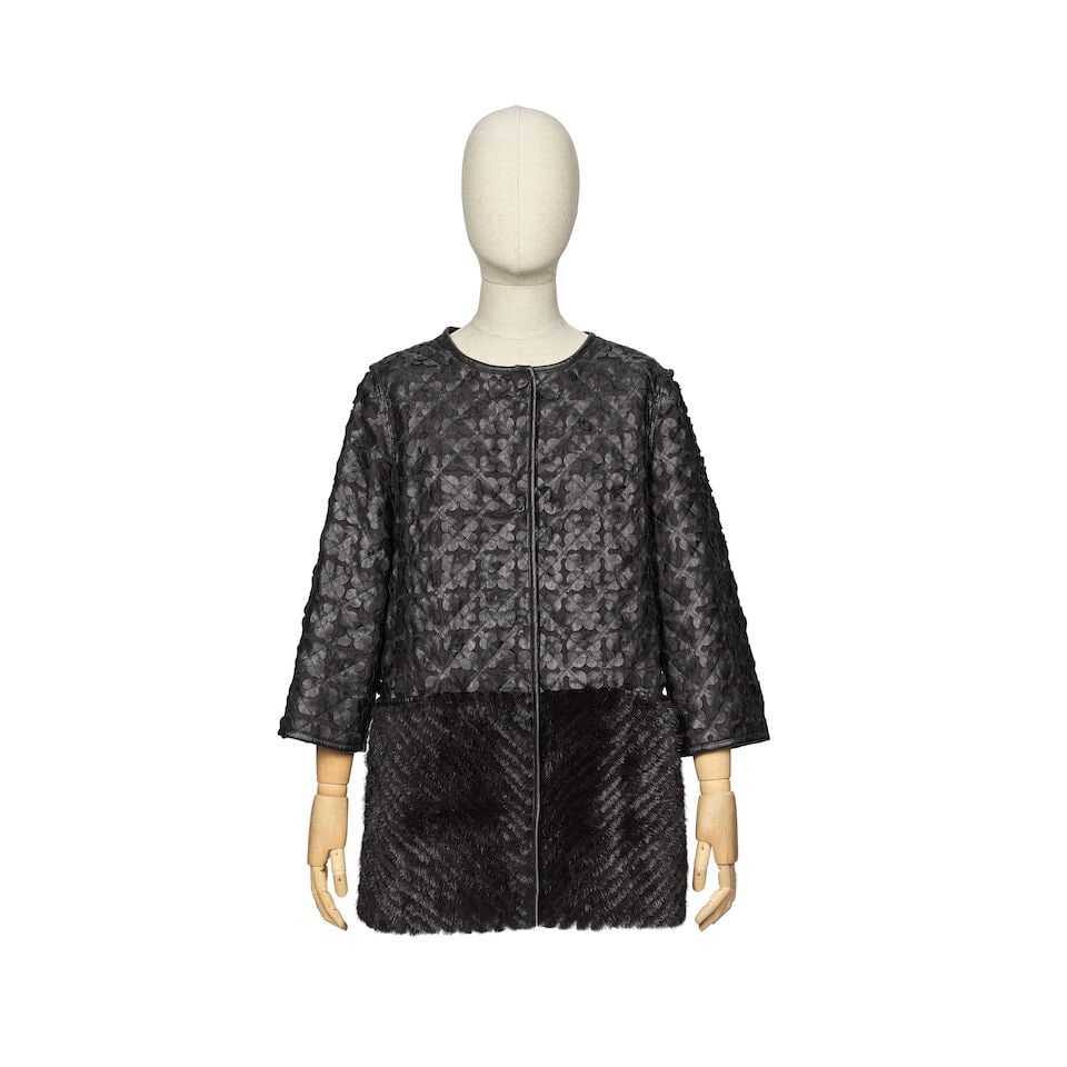 Christensen by Rützou: a Leather Appliqué and Fur Short Jacket House of Birger Christe...: Christensen by Rützou: a Leather Appliqué and Fur Short Jacket House of Birger Christensen Collection, early 2000s Creative Director: Susanne Rützou Black laser-cut leather petal design