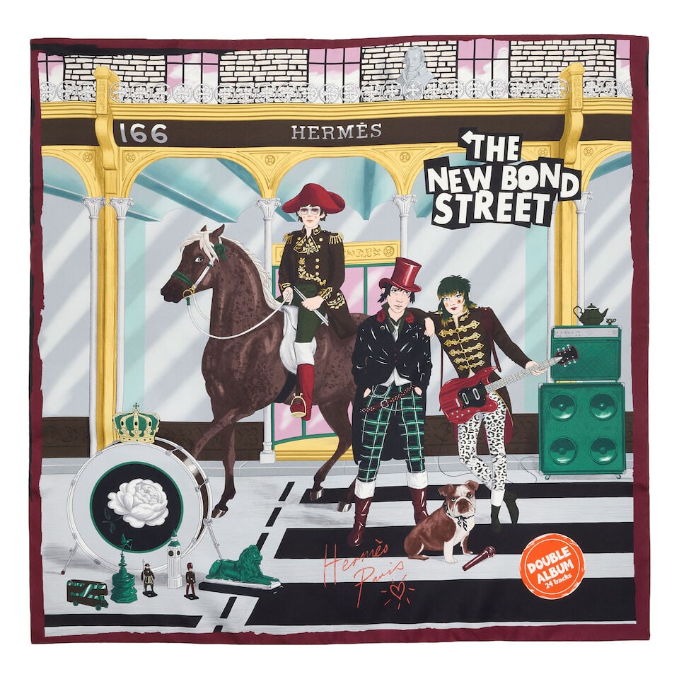 Hermès: a Limited Edition 'The New Hermès Record' 70 Scarf 2026 (includes box): Hermès: a Limited Edition 'The New Hermès Record' 70 Scarf 2026 Designed by Jonathan Burton Limited edition scarf in colourway Gris and Bordeaux Condition Grade A 70cm x 70cm, includes box F