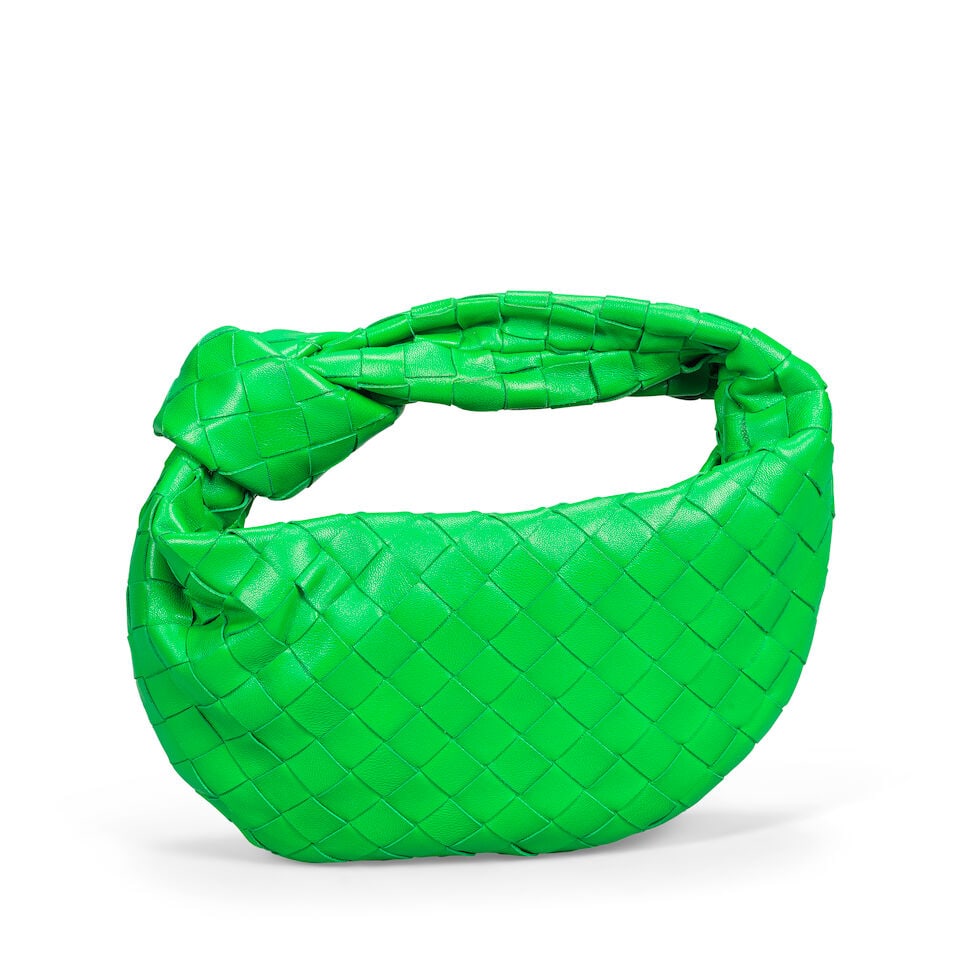 Bottega Veneta: a Parakeet Green Lambskin Mini Jodie (includes dust bag): Bottega Veneta: a Parakeet Green Lambskin Mini Jodie Creative Director: Daniel Lee Intrecciato woven leather with silver tone hardware Condition Grade A- 26cm wide, 16cm high, 8.5cm deep, 10cm handle 