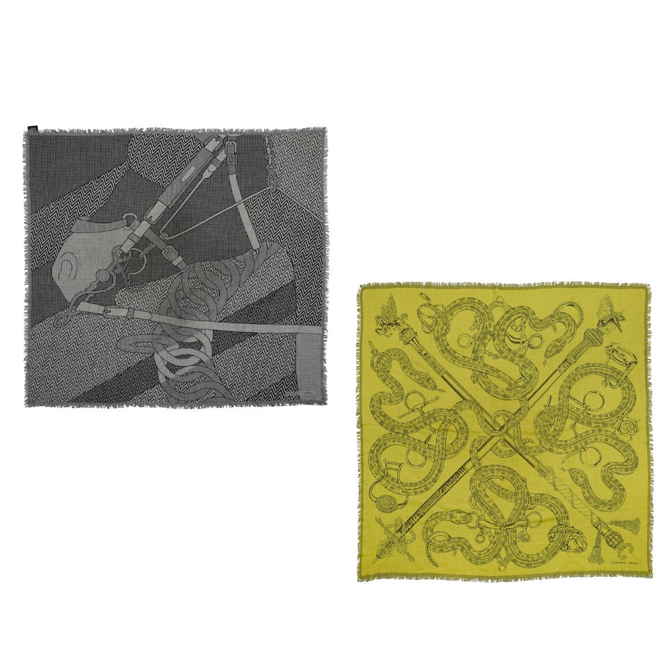 Hermès: Two Cashmere and Silk 100 Scarves: Hermès: Two Cashmere and Silk 100 Scarves To include a reversible green and grey Caducee Rock design, and a greyscale Harnais de Cabriole design (2) Condition Grade B/A- 100cm x 100cm For further