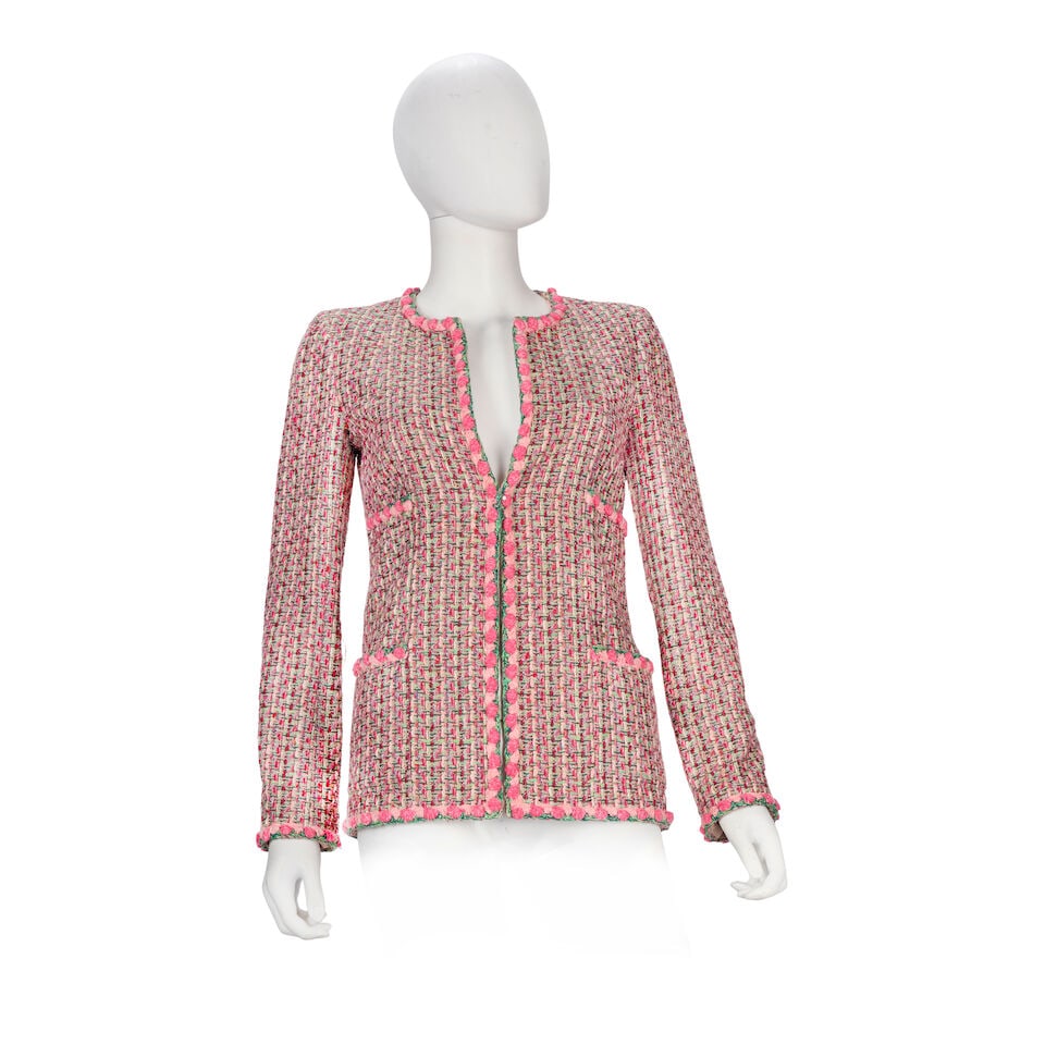 Chanel: a Pink and Green Blazer with Rose Trim Spring 2002: Chanel: a Pink and Green Blazer with Rose Trim Spring 2002 Creative Director: Karl Lagerfeld Green, pink and red woven jacket with textured wool rose head trim, four front pockets and open collar Cond