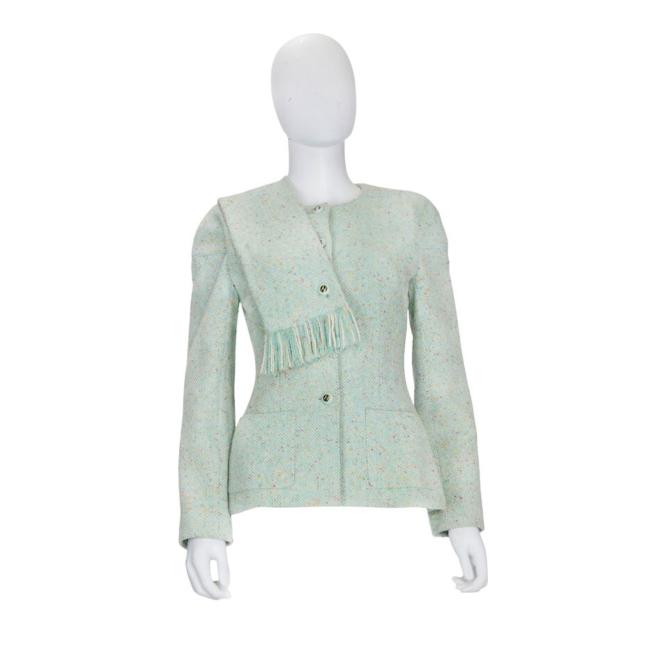 Chanel: a Pastel Green Jacket and Matching Scarf Autumn 2001: Chanel: a Pastel Green Jacket and Matching Scarf Autumn 2001 Creative Director: Karl Lagerfeld Pastel flecked green wool blend jacket with black and green resin CC buttons, with matching scarf (2) Con
