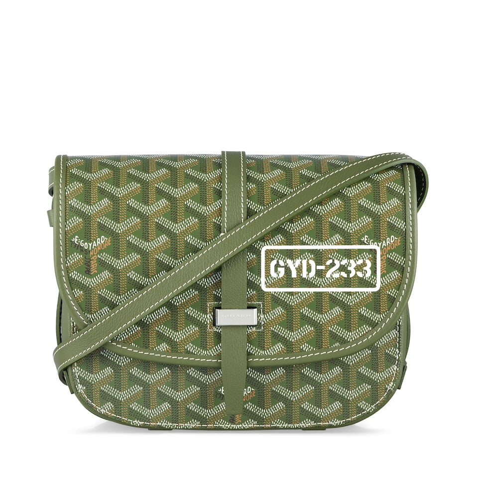 Goyard: a Khaki Goyardine Belvedere PM (includes protective felt, tags and dust bag): Goyard: a Khaki Goyardine Belvedere PM Khaki green coated canvas with calfskin leather trim and silver tone hardware Condition Grade A 22cm wide, 18cm high, 6.5cm deep, adjustable shoulder strap, incl
