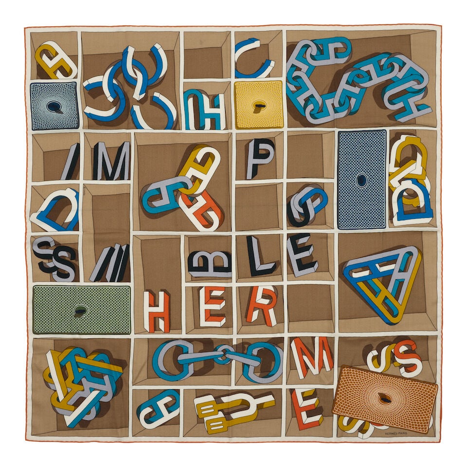 Hermès: an 'Impoossiiible' Cashmere and Silk 100 Scarf and an O'Kelly Double Tour Bracelet ...: Hermès: an 'Impoossiiible' Cashmere and Silk 100 Scarf and an O'Kelly Double Tour Bracelet Scarf designed by Anne Kepler and Veronika Wildgruber in colourway Taupe, Blanc and Moutarde, 70% cashme