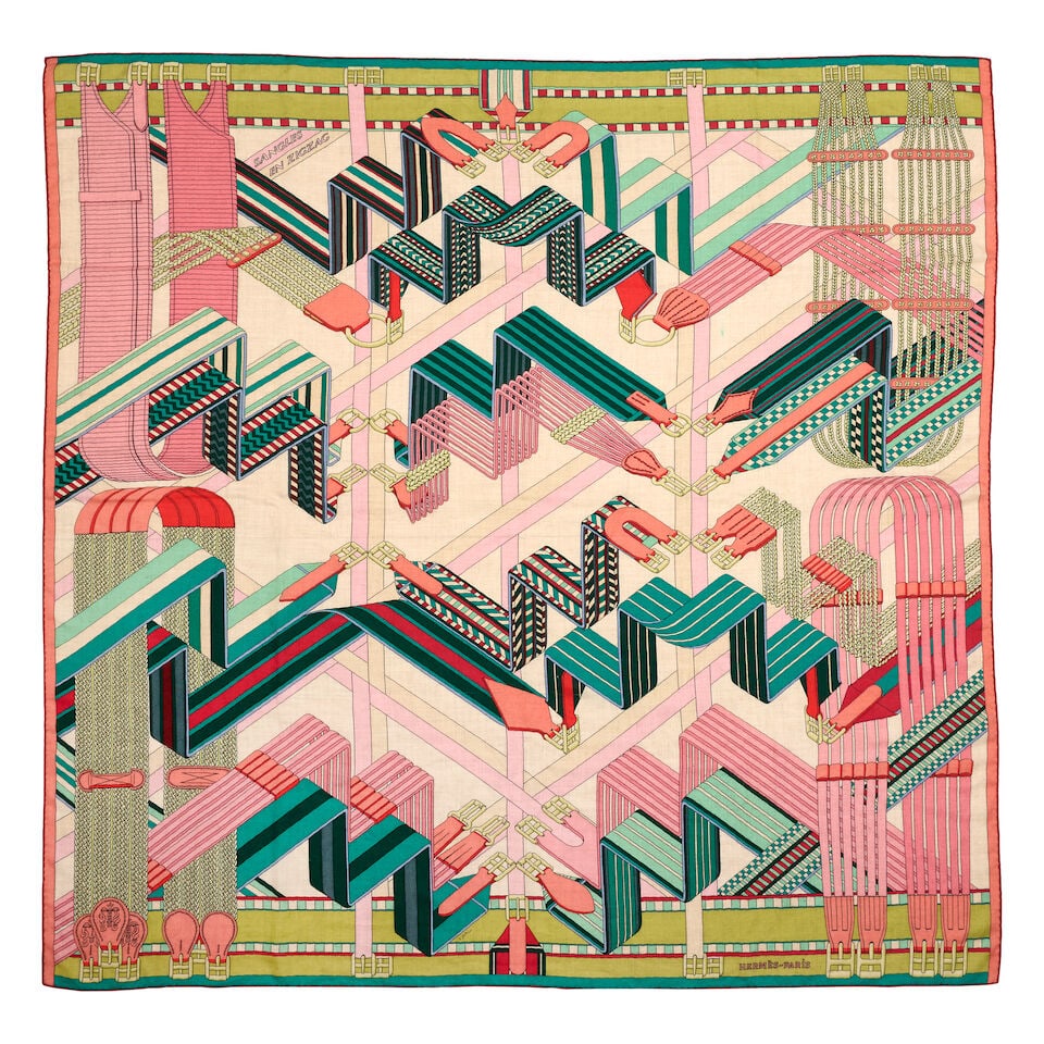 Hermès: a Sangles en Zigzag Cashmere and Silk 140 Scarf: Hermès: a Sangles en Zigzag Cashmere and Silk 140 Scarf Designed by Virginie Jamin In shades of pink, green and blue Condition Grade B- 140cm x 140cm For further information on this lot please vi