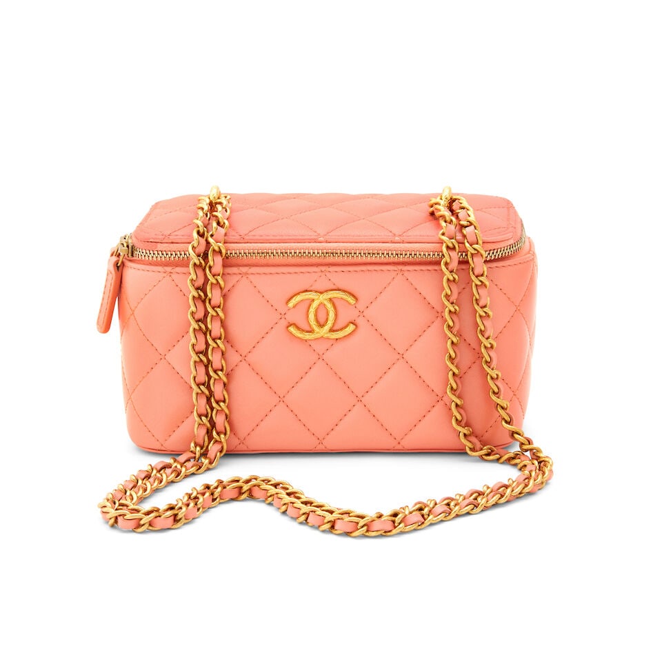 Chanel: a Pink Leather Vanity Case Cruise 2023, Runway Look 40 (includes microchip and dust bag): Chanel: a Pink Leather Vanity Case Cruise 2023, Runway Look 40 Creative Director: Virginie Viard Quilted lambskin with quilted textured gold tone hardware, mirror to the interior Condition Grade B+ 16