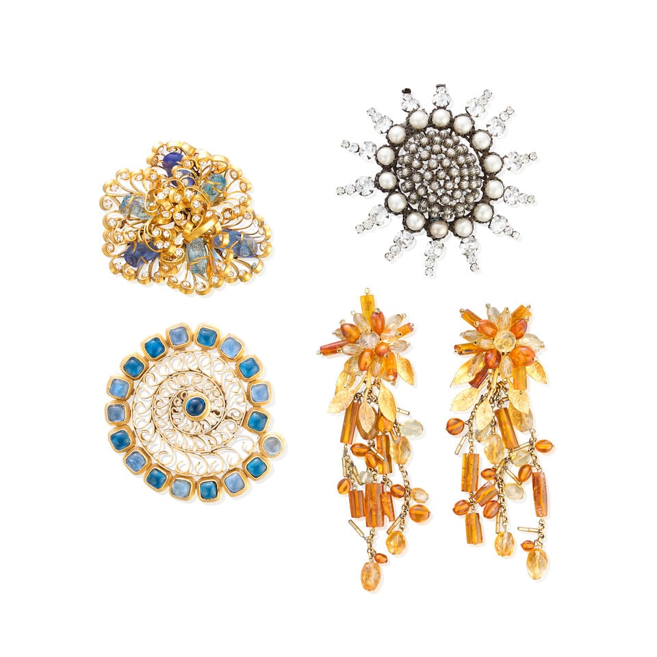 Balenciaga and Yves Saint Laurent: Two Brooches, a Pendant and a Pair of Earrings: Balenciaga and Yves Saint Laurent: Two Brooches, a Pendant and a Pair of Earrings To include two Balenciaga Couture brooches and a pendant designed by Robert Goossens, first brooch in gilt metal coils