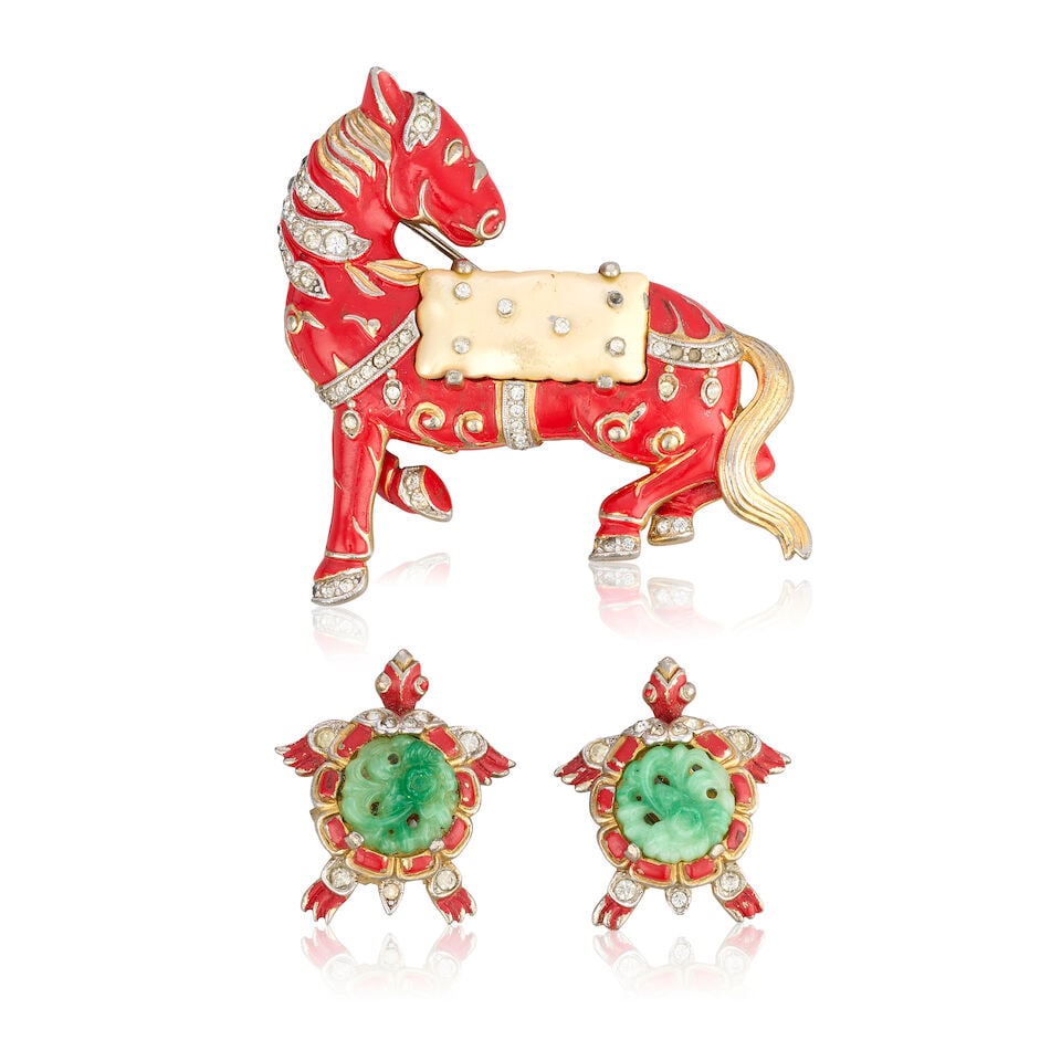 Trifari: 'Ming Collection' Turtle Ear Clips and Horse Pin Brooch c.1942 (1 of 1)