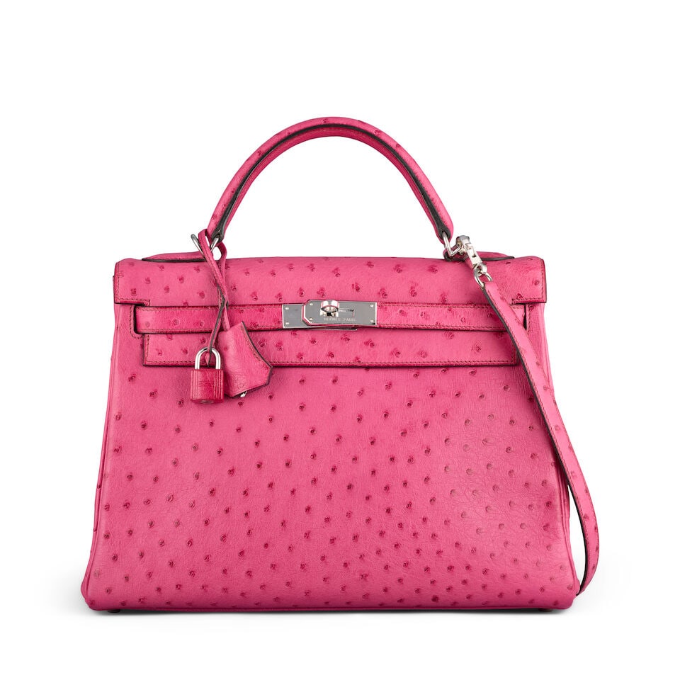 Hermès: a Fuchsia Ostrich Retourne Kelly 32 2004 (includes padlock, keys, cloche and dust bag) (1 of 2)