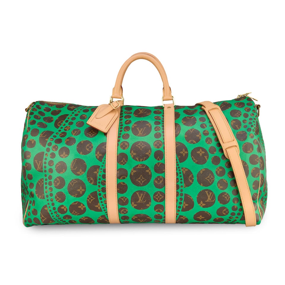 Louis Vuitton x Yayoi Kusama: a Monogram Green Waves Keepall Bandouliere 55 Limited Edition 2012...: Louis Vuitton x Yayoi Kusama: a Monogram Green Waves Keepall Bandouliere 55 Limited Edition 2012 Creative Director: Marc Jacobs Kusama's iconic pumpkin dots motif printed in green over monogram, gold 