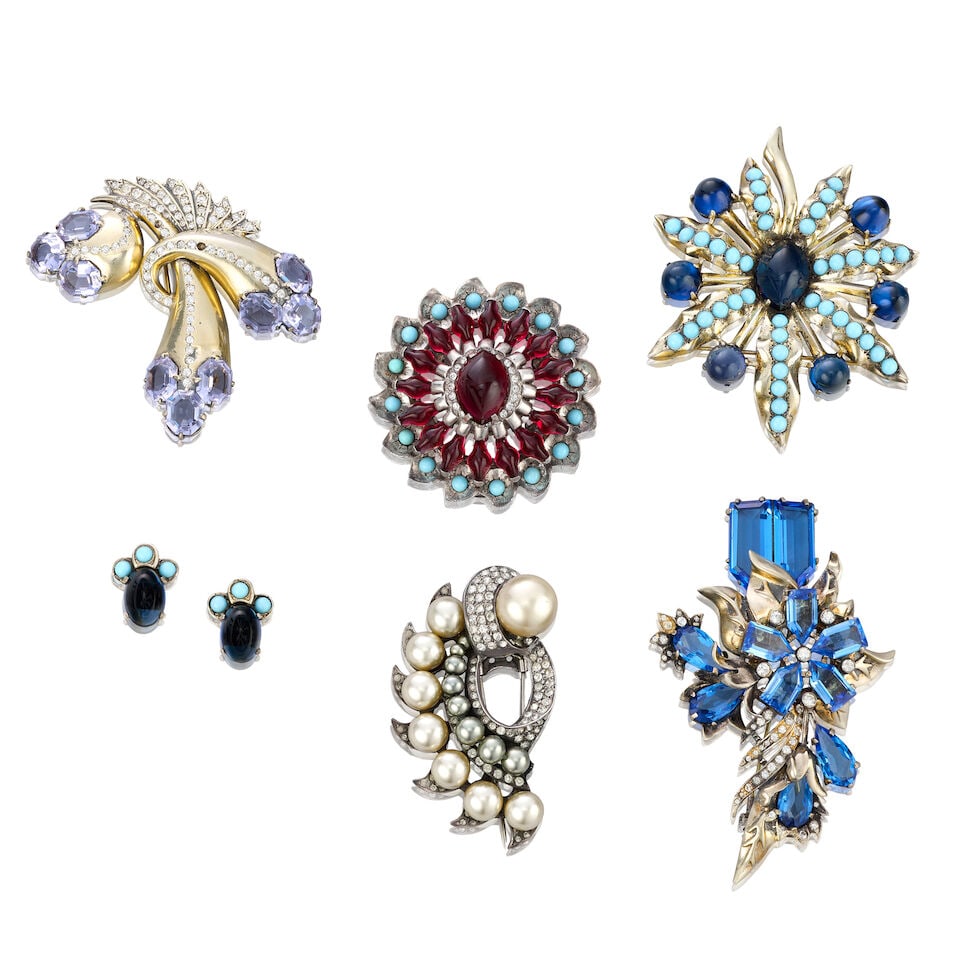 Eisenberg Original: a Collection of Silver Mounted Costume Jewellery 1940s: Eisenberg Original: a Collection of Silver Mounted Costume Jewellery 1940s To include a two-tone blue brooch and a matching set of earrings, and four fur pins of varying designs, all stamped 'Sterling