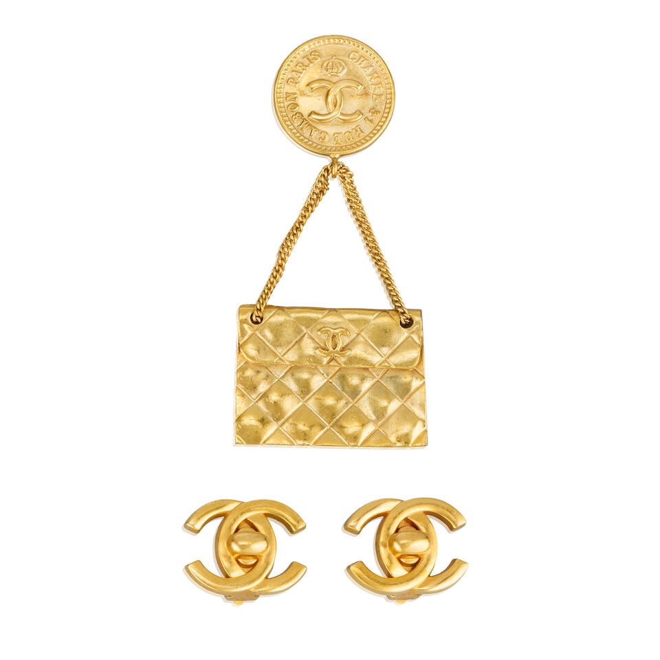 Chanel: a Gilt Handbag Brooch and a Pair of CC Turn-Lock Earrings Autumn 1993 and Autumn 1995 (1 of 1)