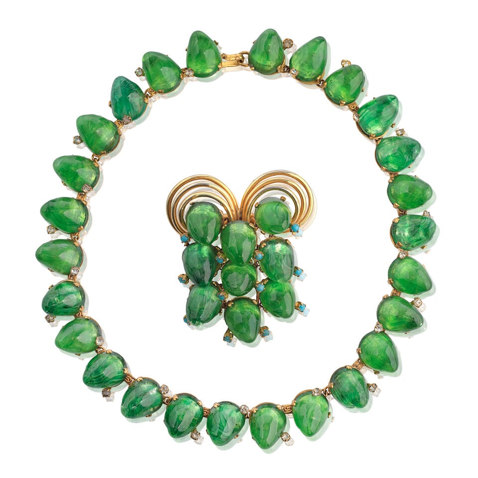 Robert Goossens for Balenciaga: a Suite of Molten Green Glass Jewellery 1960s: Robert Goossens for Balenciaga: a Suite of Molten Green Glass Jewellery 1960s Comprising a necklace, designed as a band of asymmetrical green glass cabochon links with small circular rhinestone accent