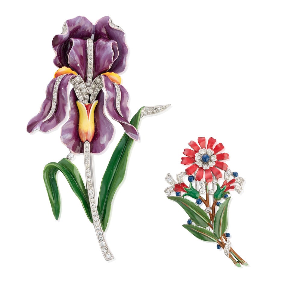 Trifari: Two Enamelled Flower Pin Brooches 1940s (1 of 1)
