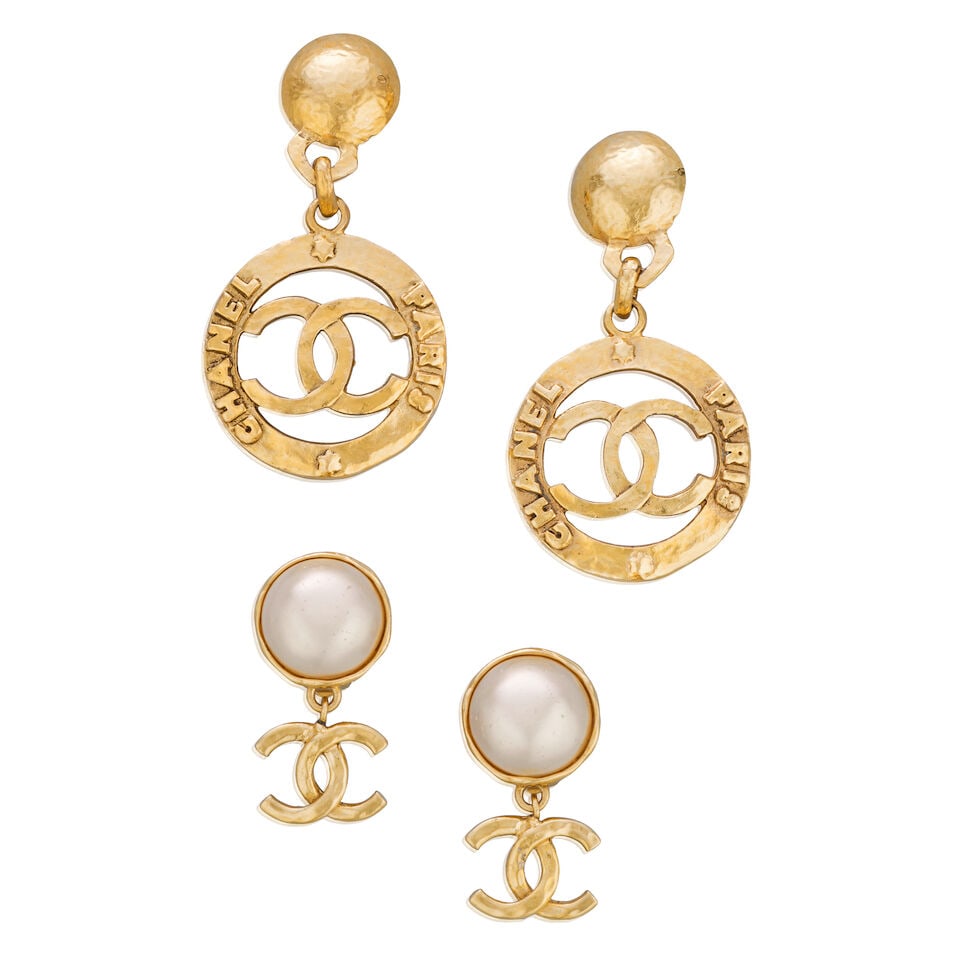 Chanel: Two Pairs of Gilt CC Clip Earrings 1990s: Chanel: Two Pairs of Gilt CC Clip Earrings 1990s Creative Director: Karl Lagerfeld To include a large pair of gold tone CC drop earrings, Collection 28, Spring 1992, 4cm wide, 8cm drop, and a pair of 
