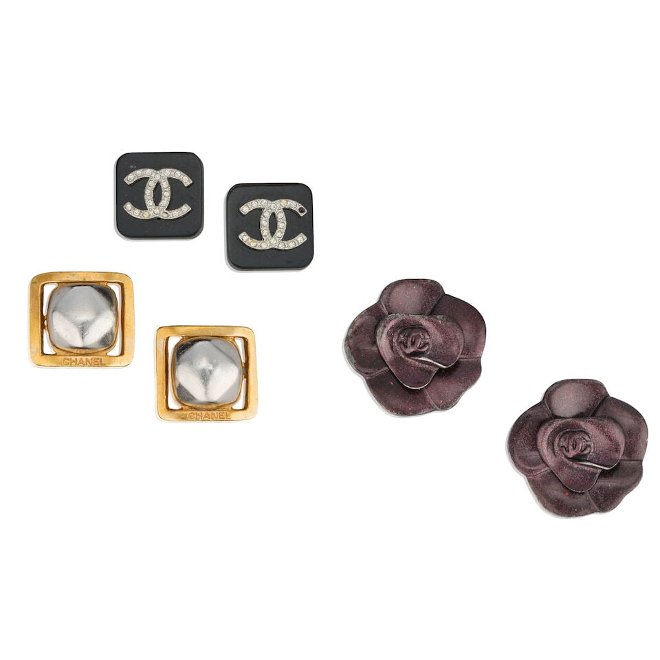Chanel: Three Pairs of Clip Earrings: Chanel: Three Pairs of Clip Earrings Creative Director: Karl Lagerfeld To include a pair of black resin and crystal CC square earrings, Spring 1996, 2cm wide, a pair of gold tone and hammered silver t